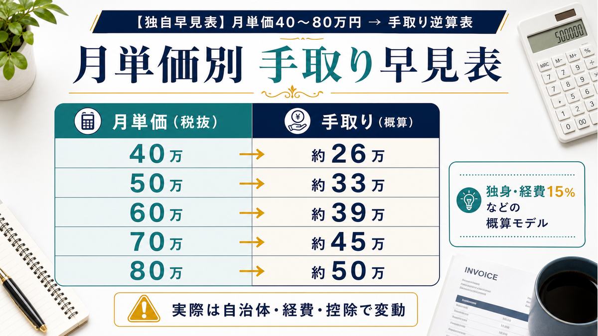 月単価40万円から80万円までのフリーランス手取り早見表の図解