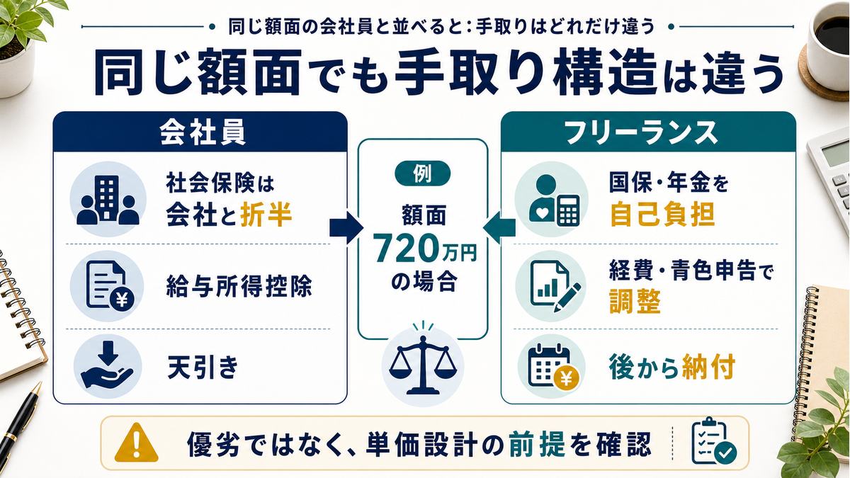 同じ額面でも会社員とフリーランスで手取り構造が違うことを示す比較図解