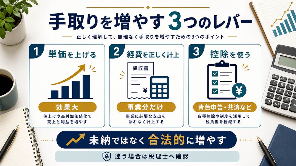 フリーランスの手取りを増やす単価、経費、控除の3つのレバーを示す図解