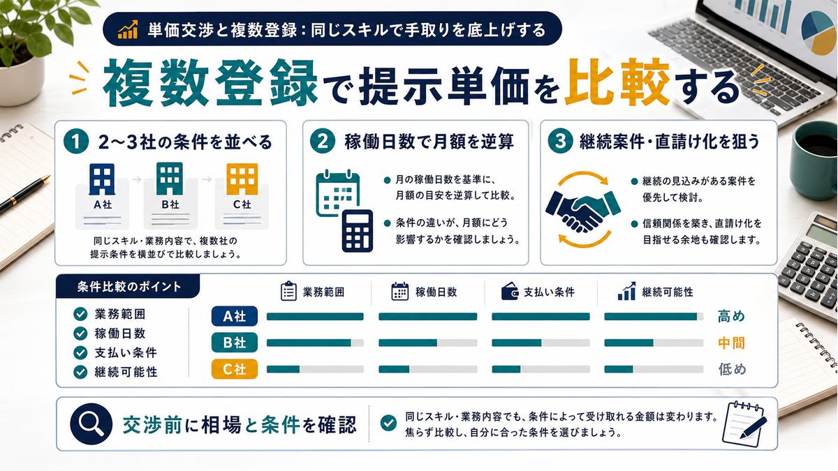 複数登録で提示単価や稼働条件を比較して手取りを底上げする図解