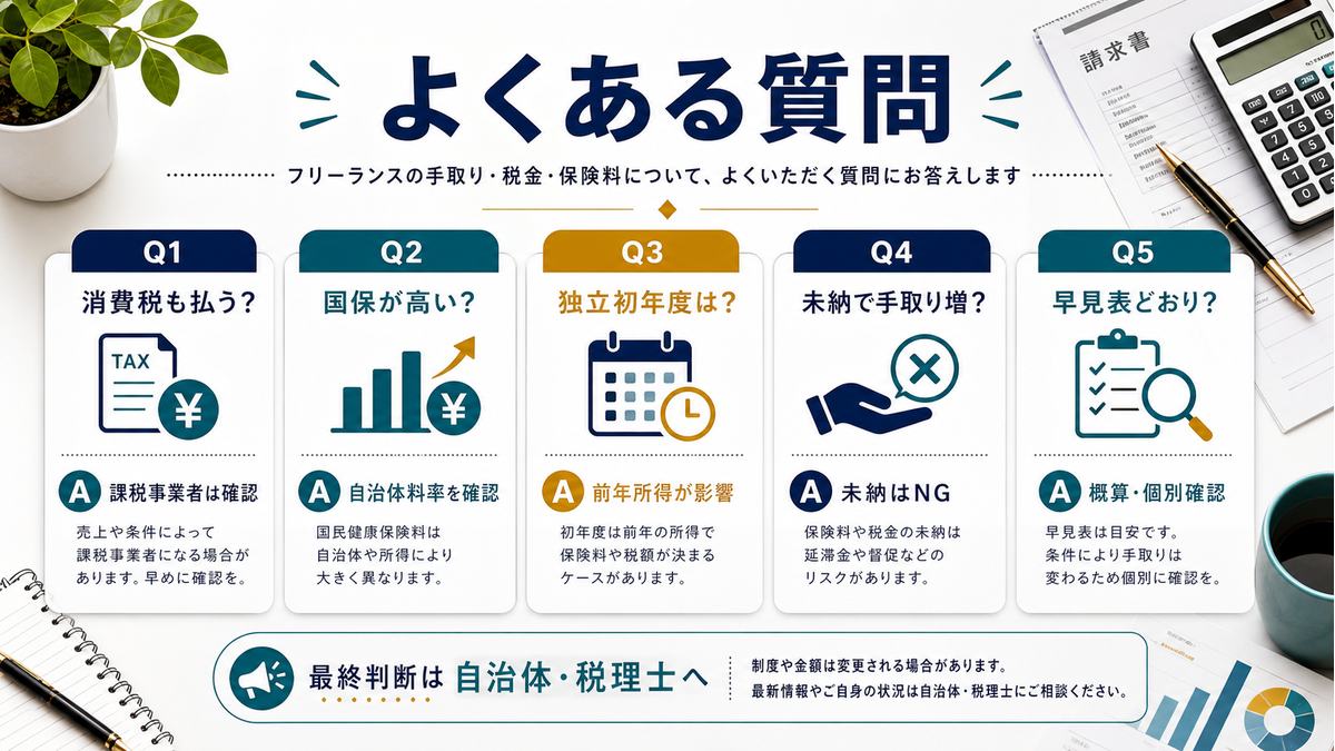フリーランスの手取り計算に関するよくある質問を要約した図解