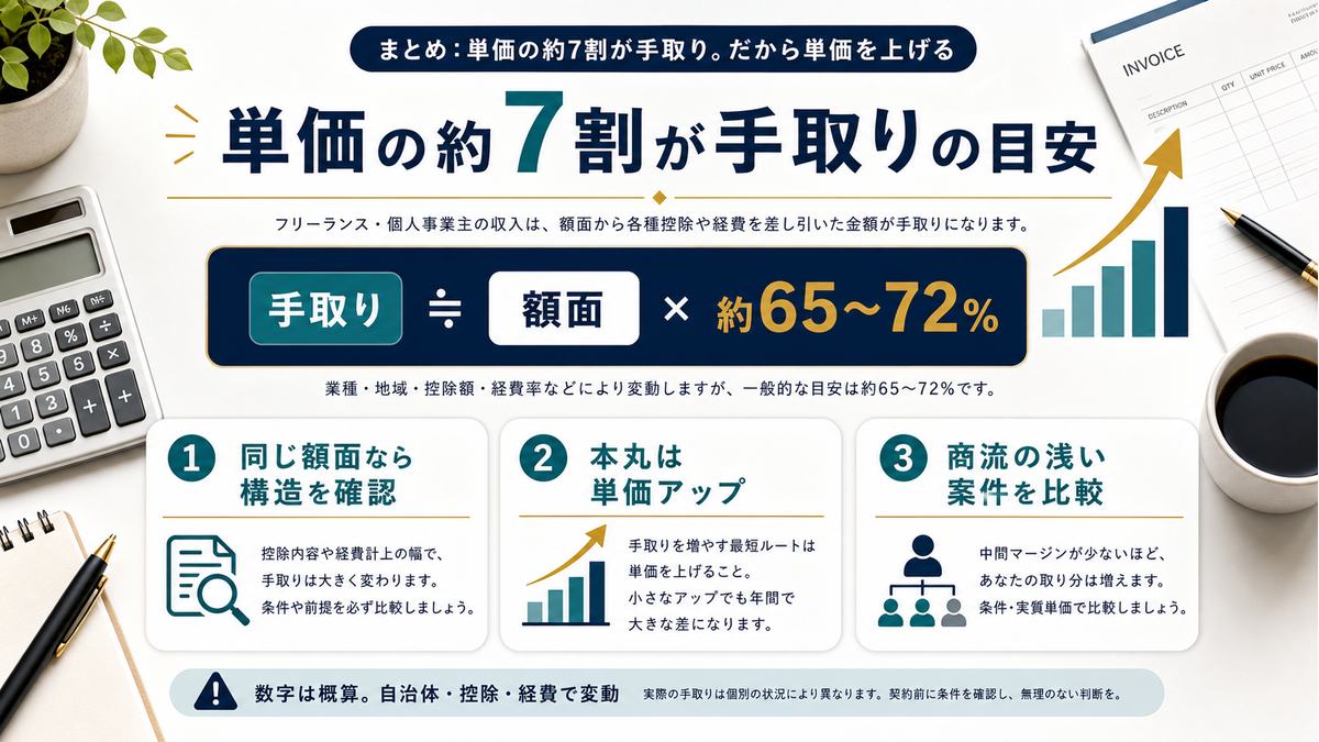 フリーランスは単価の約7割が手取りの目安で単価アップが重要であることを示すまとめ図解