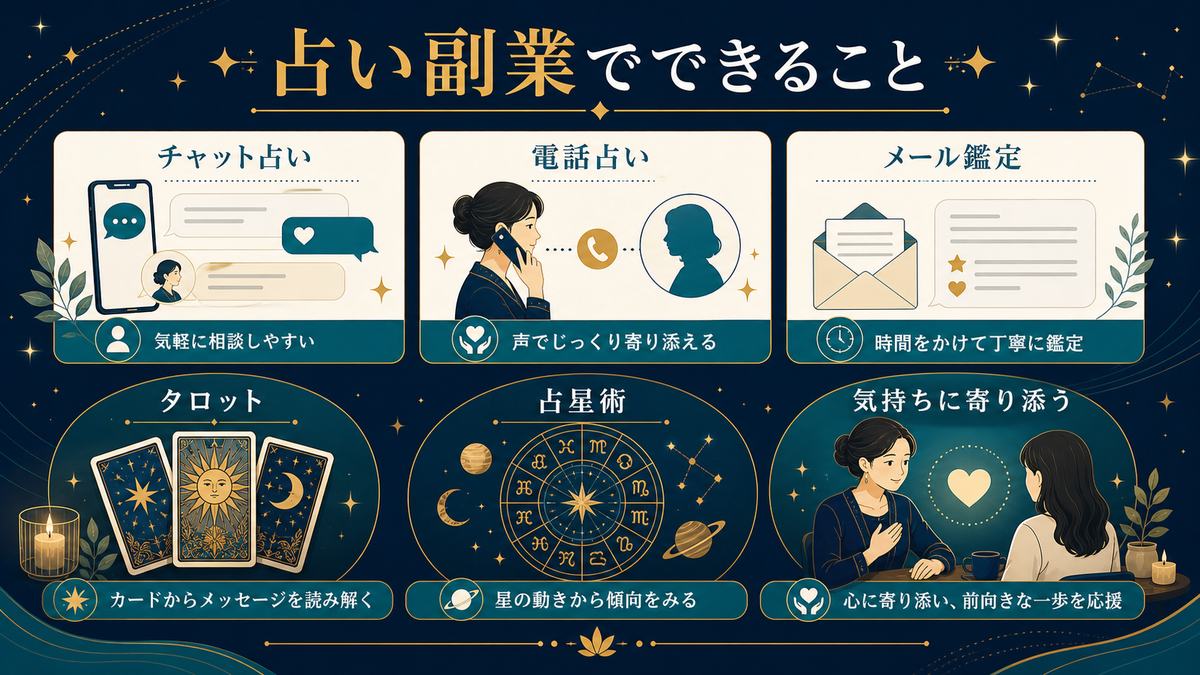 占い副業でできるチャット占い、電話占い、メール鑑定、タロットや占星術を相談者に寄り添って提供する図解