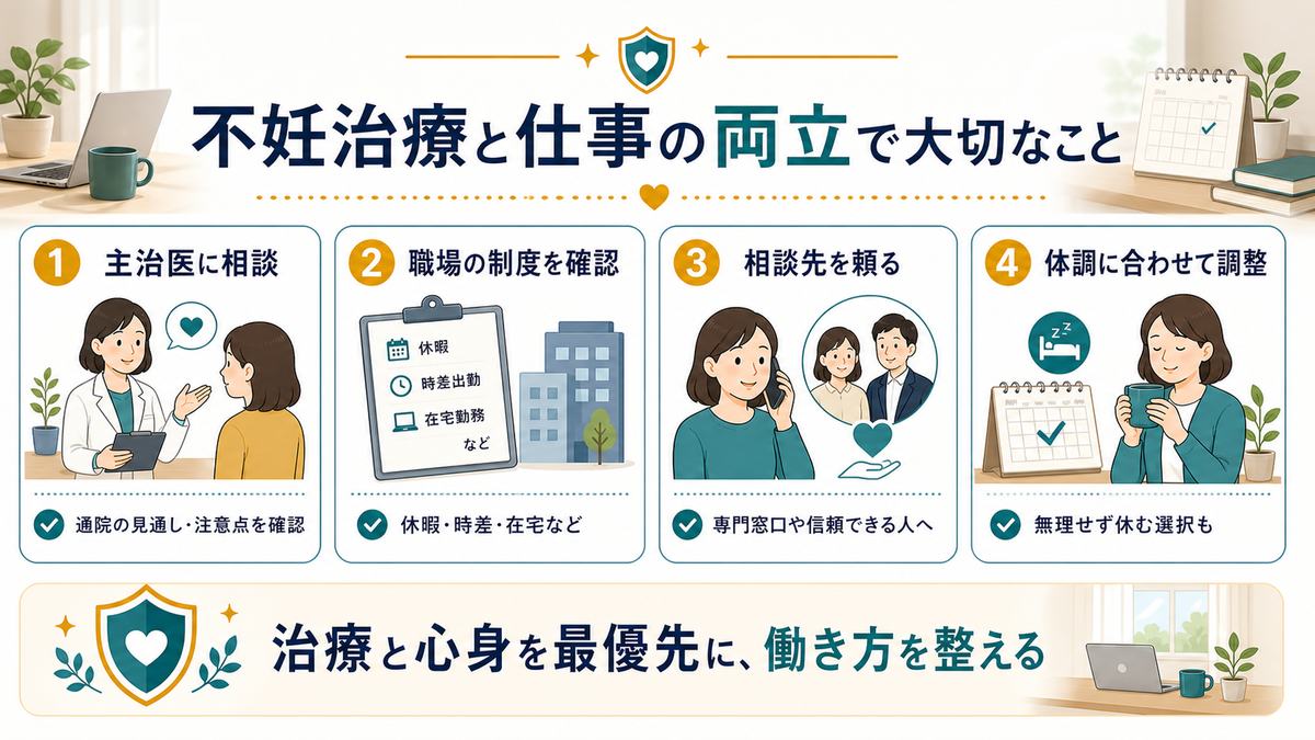不妊治療と仕事の両立で主治医に相談し職場制度を確認し相談先を頼り体調に合わせて調整するポイントの図解