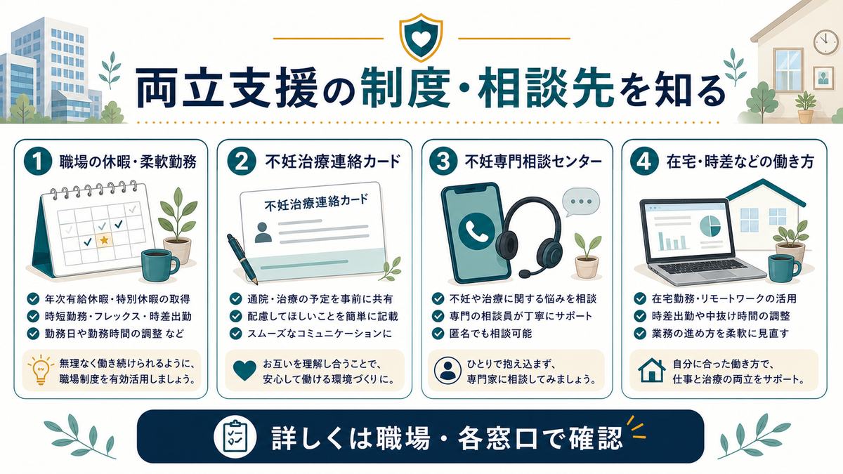 不妊治療と仕事の両立支援として職場の休暇や柔軟勤務、不妊治療連絡カード、不妊専門相談センター、在宅勤務を整理した図解