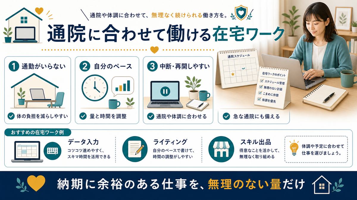 不妊治療の通院に合わせて働ける在宅ワークとして通勤なし、自分のペース、中断再開しやすい、予定調整しやすい特徴を整理した図解