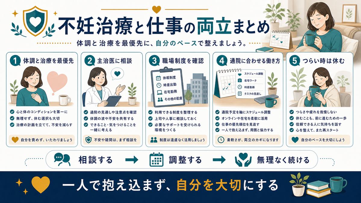 不妊治療と仕事の両立を体調と治療の優先、主治医相談、職場制度確認、通院に合わせる働き方、つらい時は休むでまとめた図解