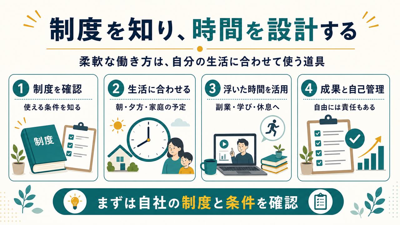 柔軟な働き方の制度を確認し生活に合わせて時間を設計し副業や学びや休息へ活用する流れの図解