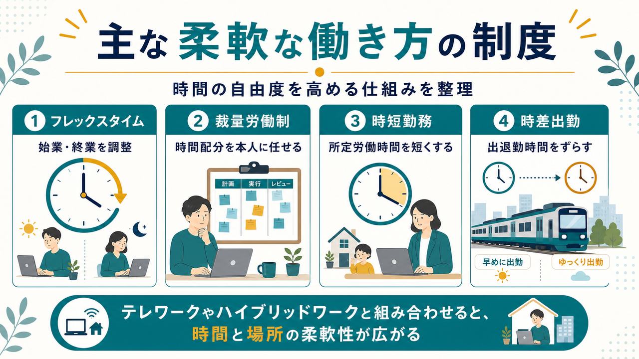 フレックスタイム制、裁量労働制、時短勤務、時差出勤など主な柔軟な働き方の制度を比較した図解