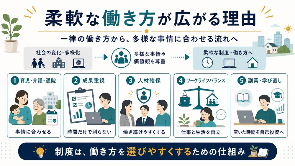 柔軟な働き方が広がる理由を育児介護通院、成果重視、人材確保、ワークライフバランス、副業や学び直しで整理した図解
