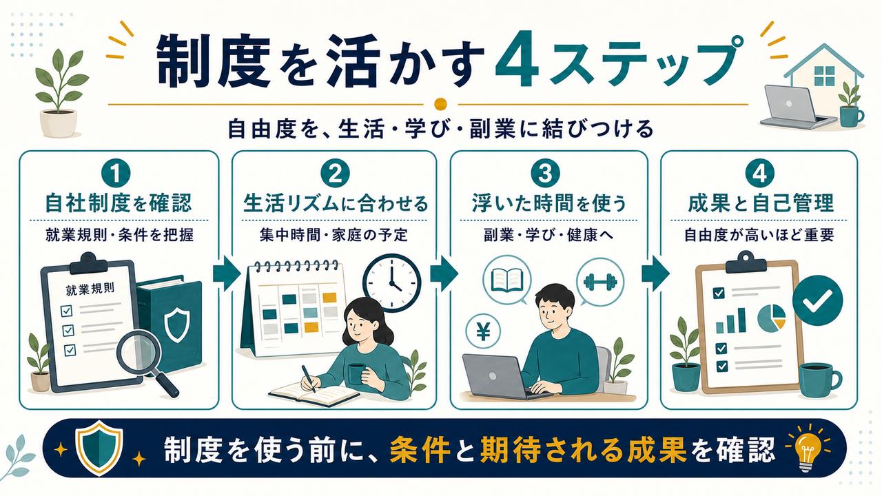 柔軟な働き方の制度を活かすため自社制度を確認し生活リズムに合わせ浮いた時間を使い成果と自己管理を意識する4ステップ図解