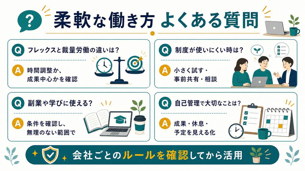 柔軟な働き方のFAQとしてフレックスと裁量労働の違い、制度が使いにくい時の相談、副業や学びへの活用、自己管理を整理した図解