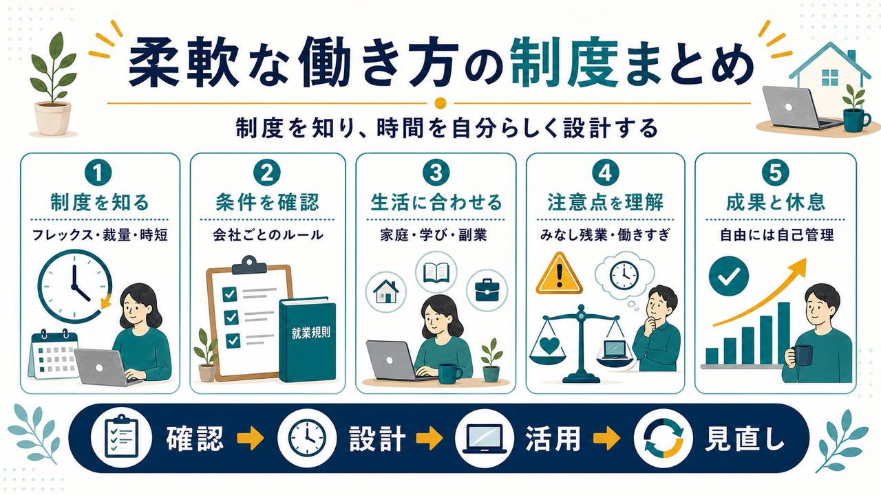 柔軟な働き方の制度を知り条件を確認し生活に合わせて活用し注意点を理解して成果と休息を両立するまとめ図解