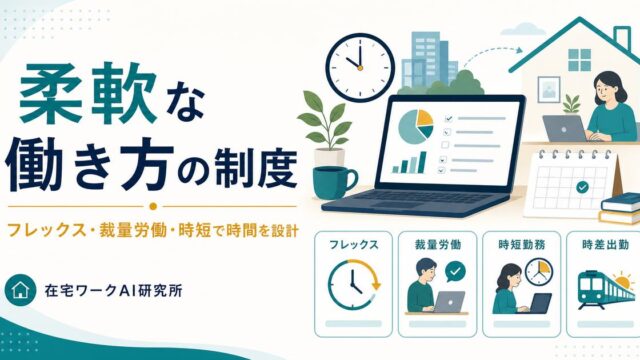 柔軟な働き方の制度をフレックス、裁量労働、時短勤務、時差出勤で整理したアイキャッチ画像