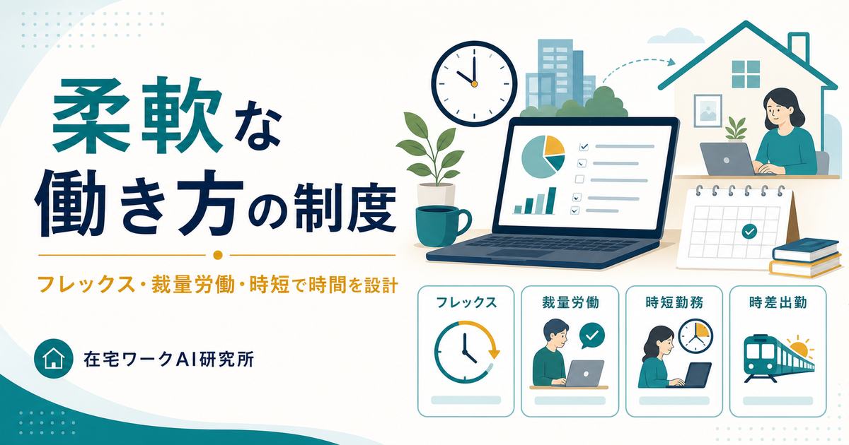 柔軟な働き方の制度をフレックス、裁量労働、時短勤務、時差出勤で整理したアイキャッチ画像