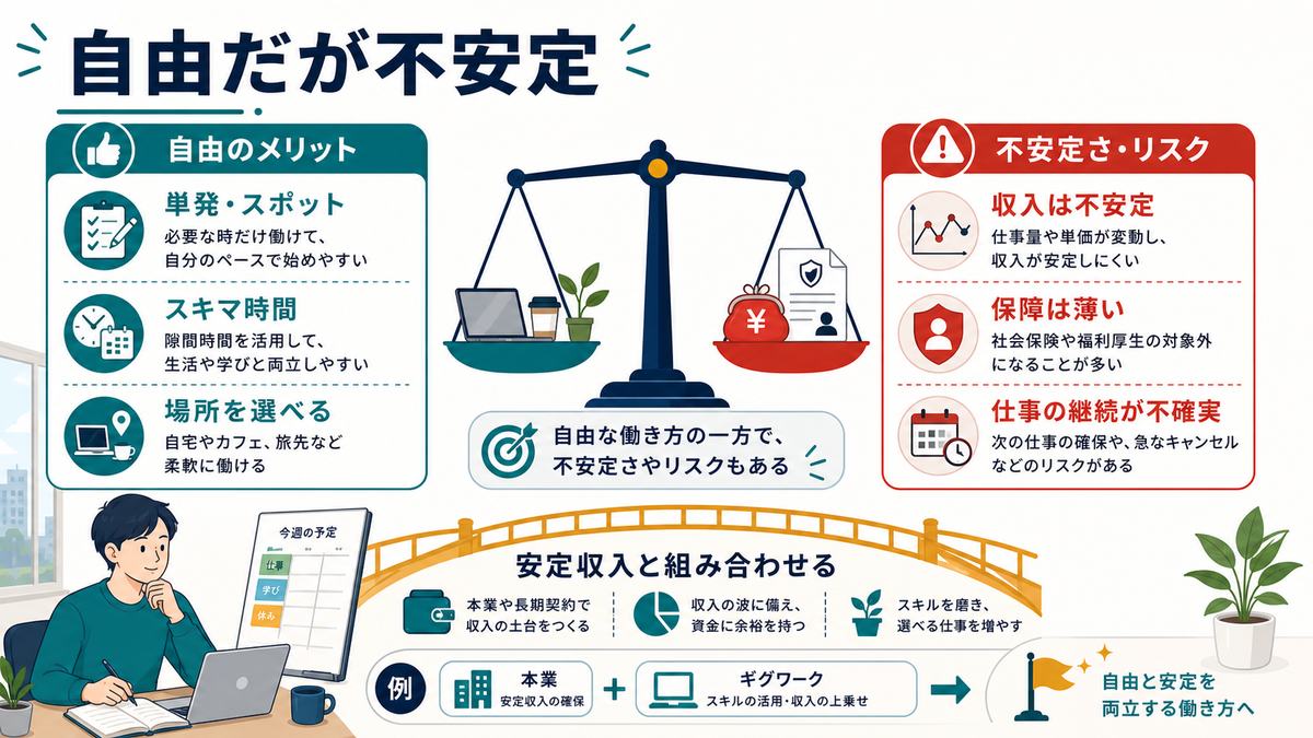 ギグワークは自由だが収入不安定で保障が薄く安定収入と組み合わせることが大切な図解