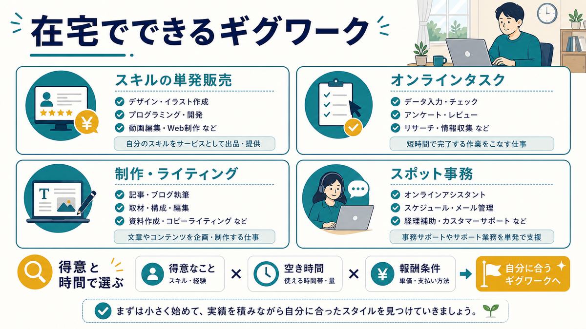 在宅でできるギグワークとしてスキルの単発販売、オンラインタスク、制作ライティング、スポット事務を整理した図解