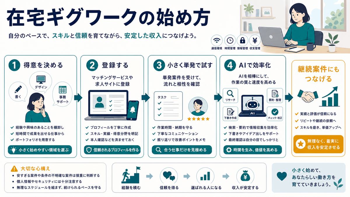 在宅ギグワークを得意決め、登録、小さな単発、AI効率化、継続案件へつなげるステップ図解