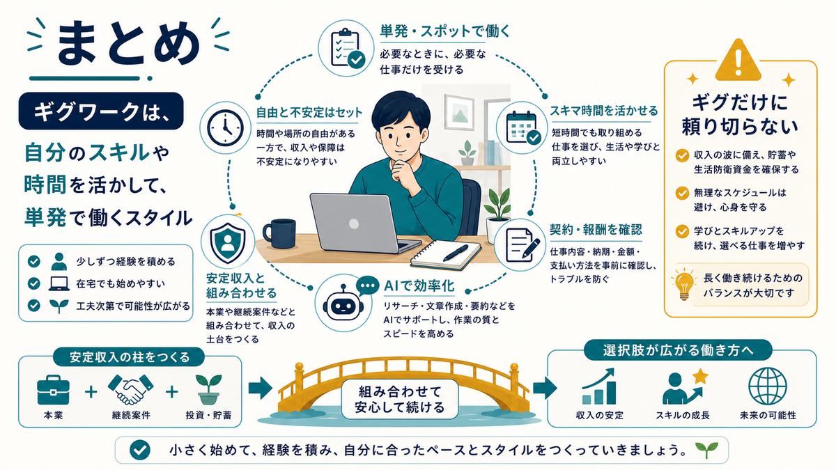 ギグワークを単発スポットで働き自由と不安定を理解して安定収入と組み合わせ契約報酬を確認するまとめ図解