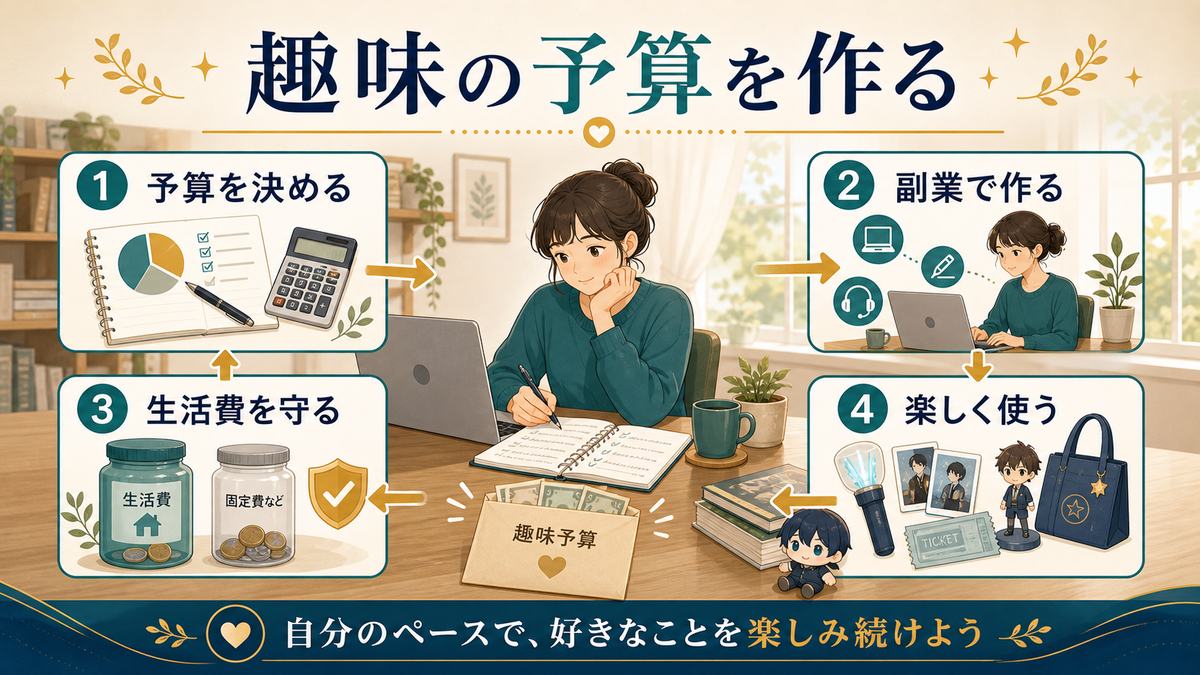 趣味や推し活の予算を先に決めて副業で作り生活費を守りながら楽しく使う流れの図解