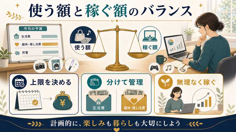趣味や推し活で使う額と副業で稼ぐ額のバランスを上限設定、分けて管理、無理なく稼ぐ観点で整理した図解