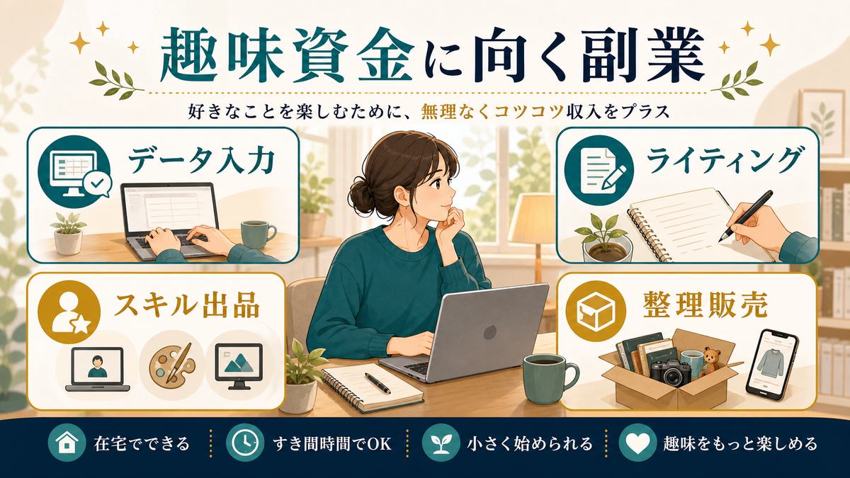 趣味資金作りに向く副業としてデータ入力、ライティング、スキル出品、整理販売を在宅ワークで整理した図解