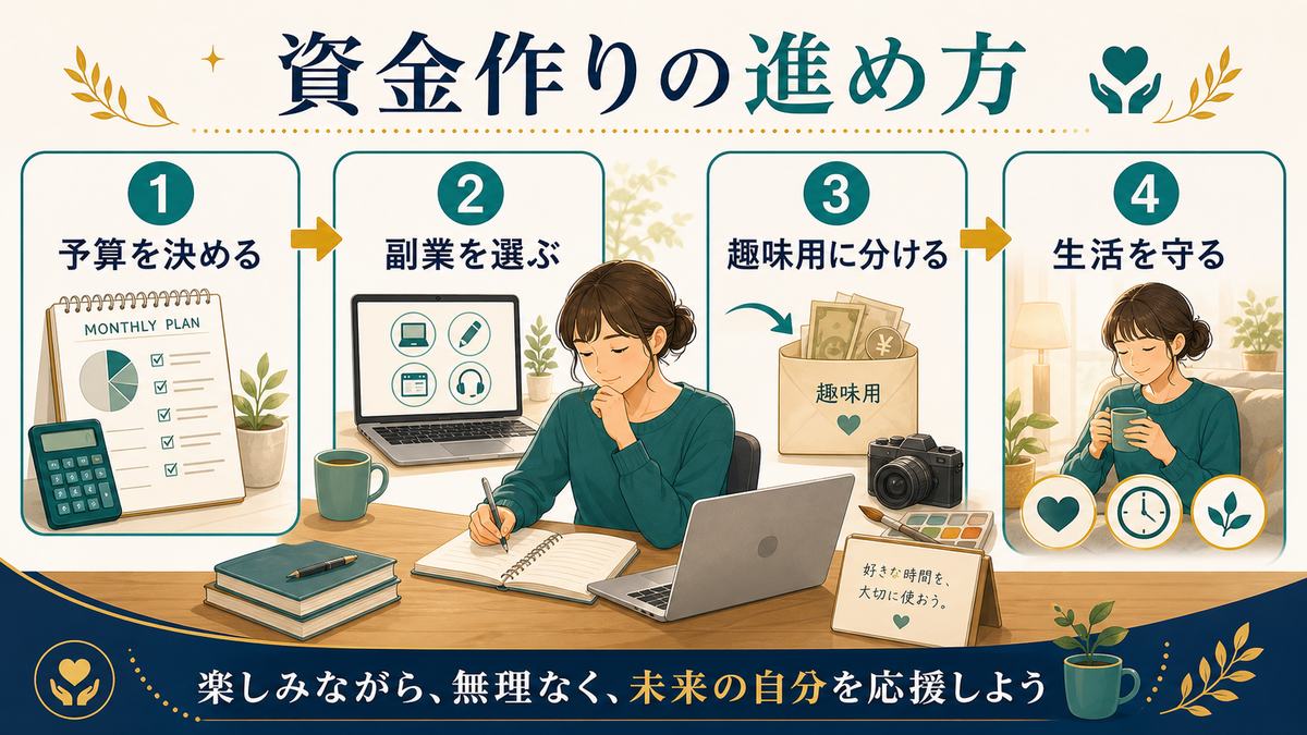 趣味資金作りを予算を決める、副業を選ぶ、趣味用に分ける、生活を守るの4ステップで進める図解