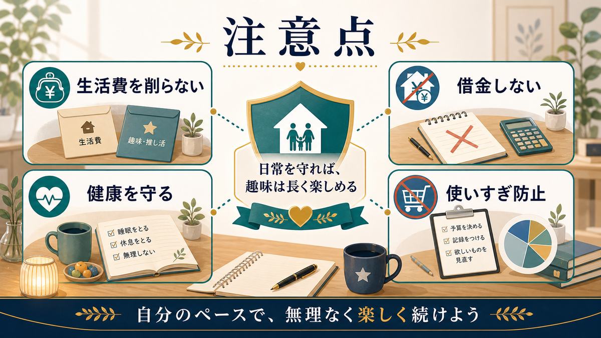 趣味や推し活資金の副業で生活費を削らない、借金しない、健康を守る、使いすぎを防ぐ注意点の図解
