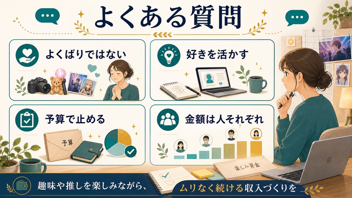 趣味や推し活資金を副業で作るときのFAQをよくばりではない、好きを活かす、予算で止める、金額は人それぞれで整理した図解