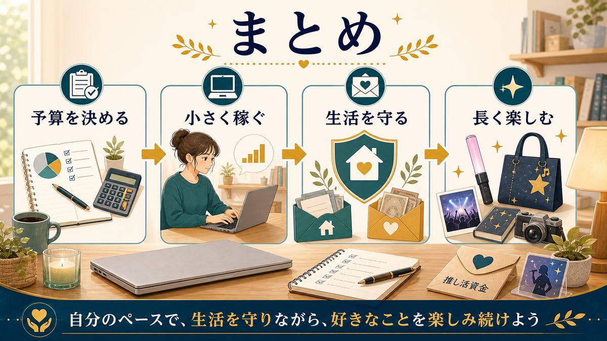 趣味や推し活資金を予算を決めて小さく稼ぎ生活を守りながら長く楽しむ記事まとめの図解