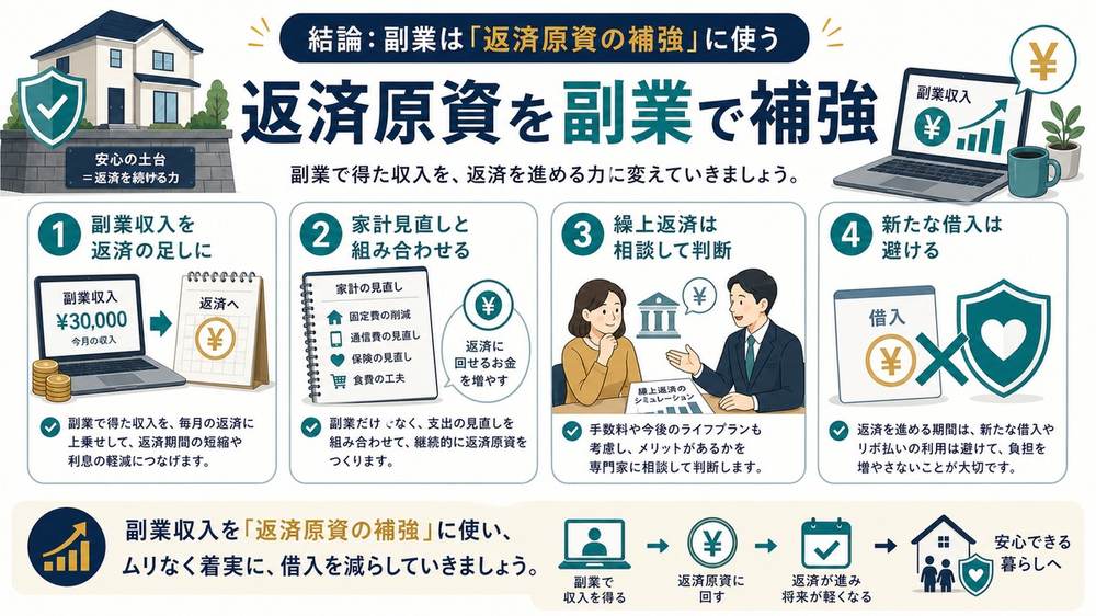 副業収入を住宅ローン返済原資の補強に使い家計見直しと組み合わせ繰上返済は相談して判断する流れの図解