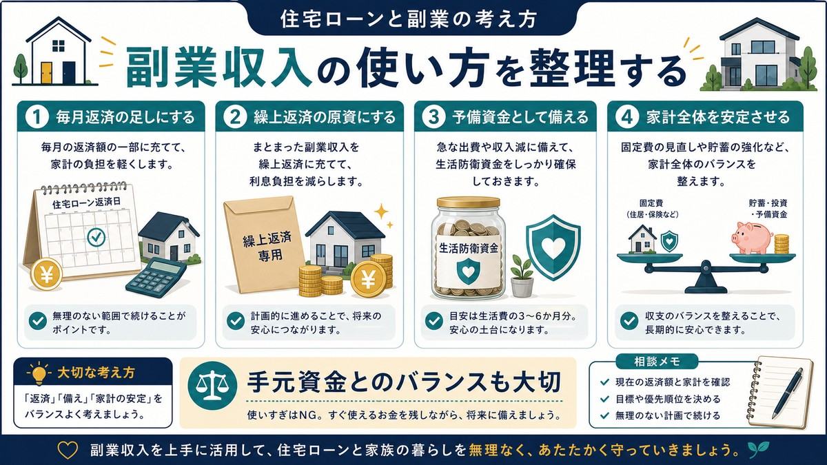 副業収入を毎月返済の足し、繰上返済の原資、予備資金、家計安定に使う考え方を整理した図解