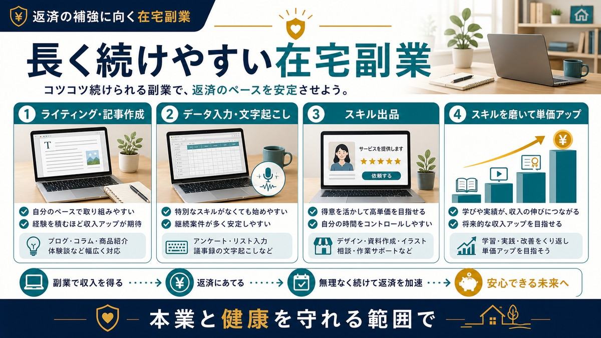 住宅ローン返済の補強に向く在宅副業としてライティング、データ入力、スキル出品、スキルアップを整理した図解