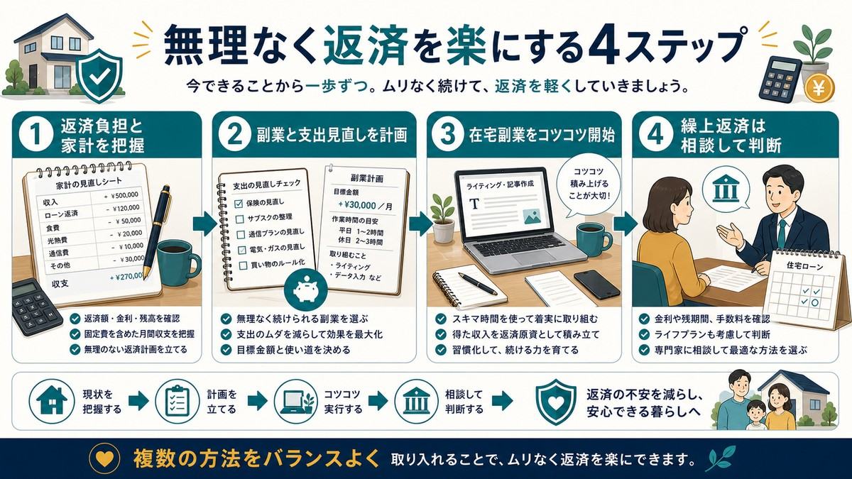 返済負担と家計を把握し副業と支出見直しを計画して在宅副業を始め繰上返済は相談して判断する4ステップの図解