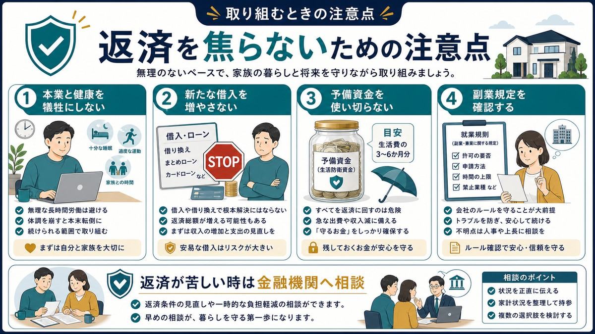住宅ローン返済を焦らないために本業と健康を犠牲にせず新たな借入を増やさず予備資金を使い切らず副業規定を確認する図解