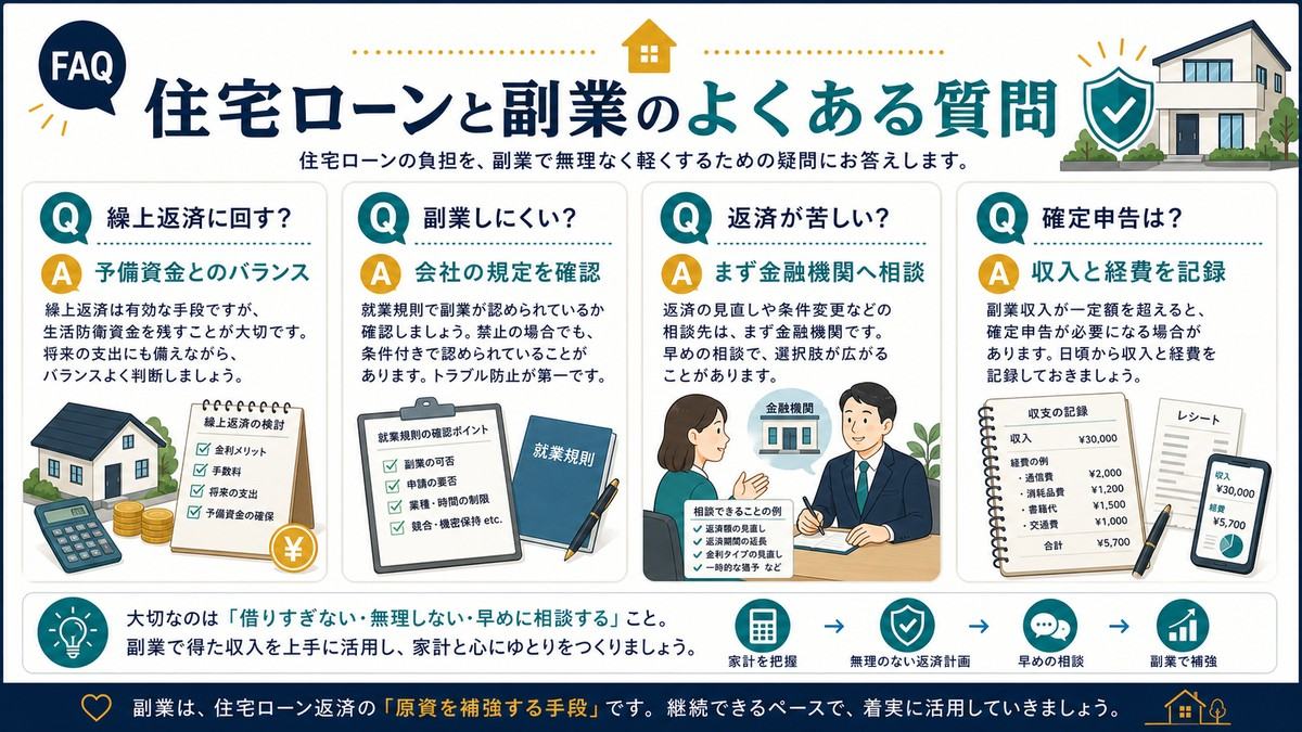 住宅ローンと副業のFAQを繰上返済、会社の副業規定、返済相談、確定申告の記録で整理した図解