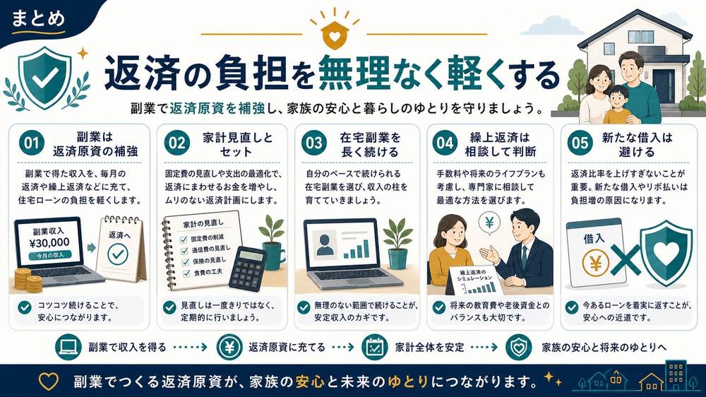 住宅ローンの返済負担を副業収入と家計見直しで無理なく軽くし専門家相談と借入回避をまとめた図解