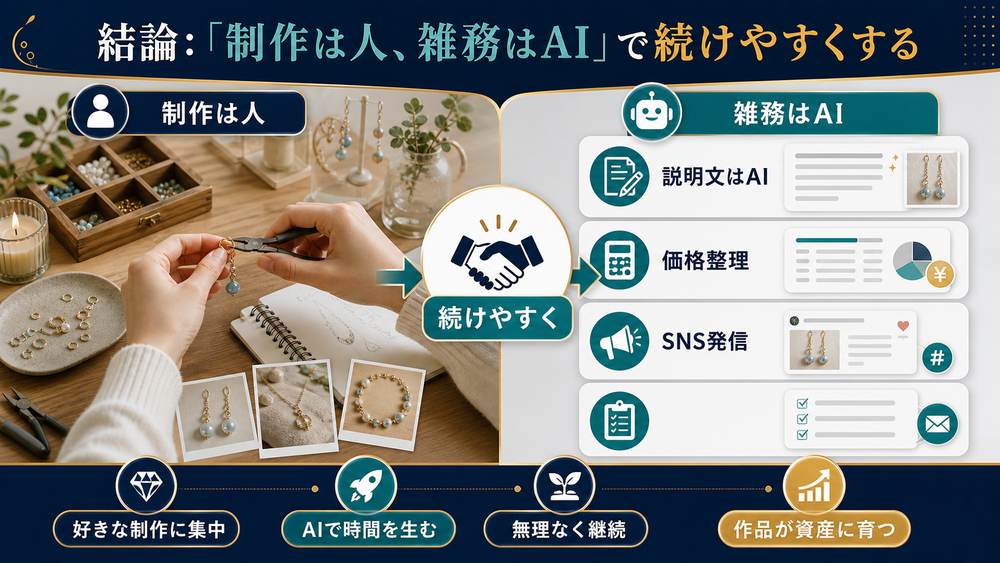 制作は人説明文価格整理SNS発信はAIで補助し続けやすくするハンドメイド販売図