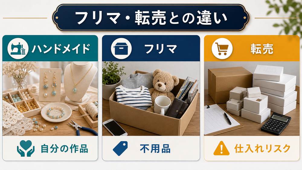 ハンドメイドは自分の作品フリマは不用品転売は仕入れリスクがある違いの比較図