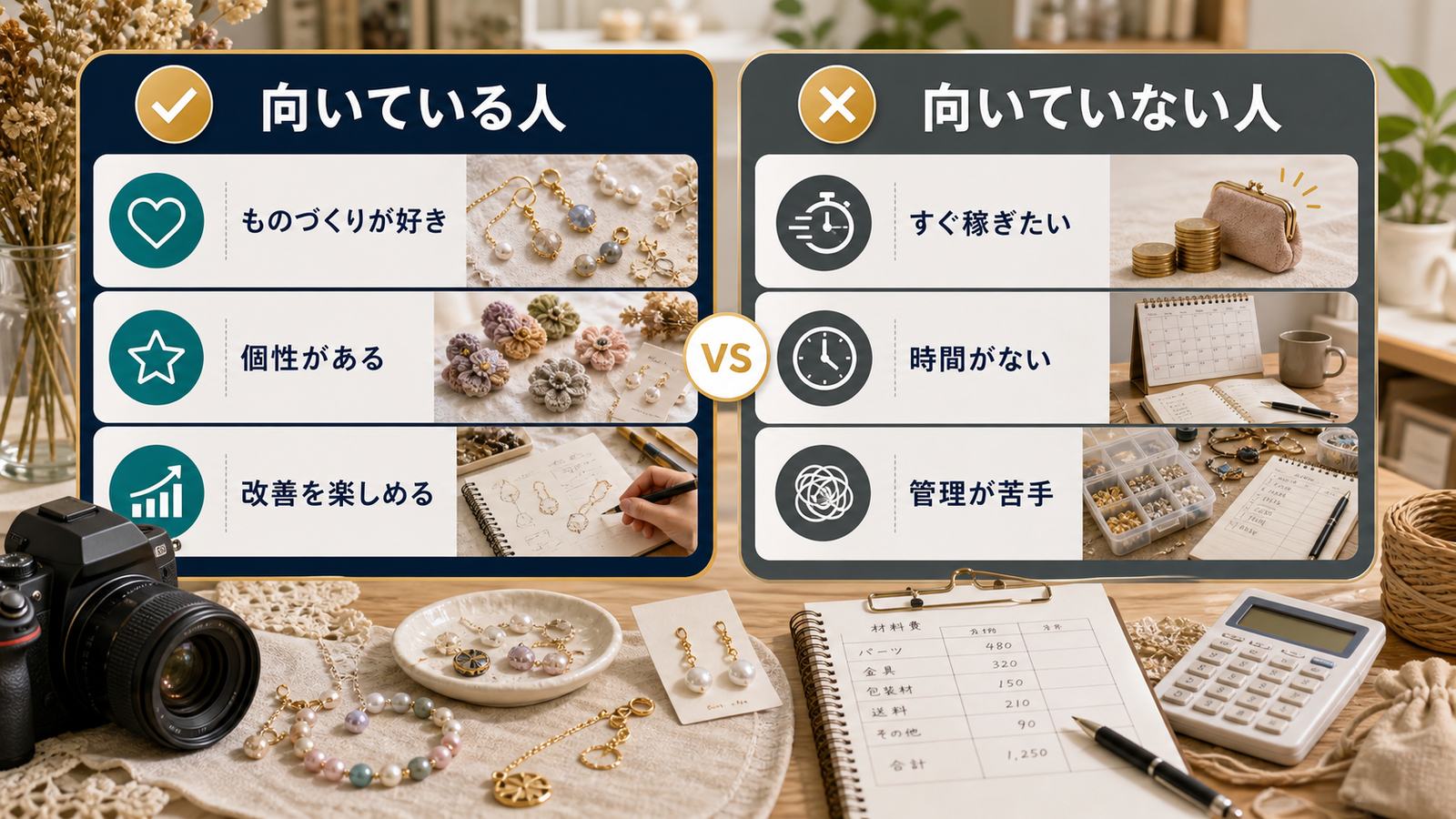 ものづくりが好き個性がある改善を楽しめる人とすぐ稼ぎたい時間がない管理が苦手な人の比較図