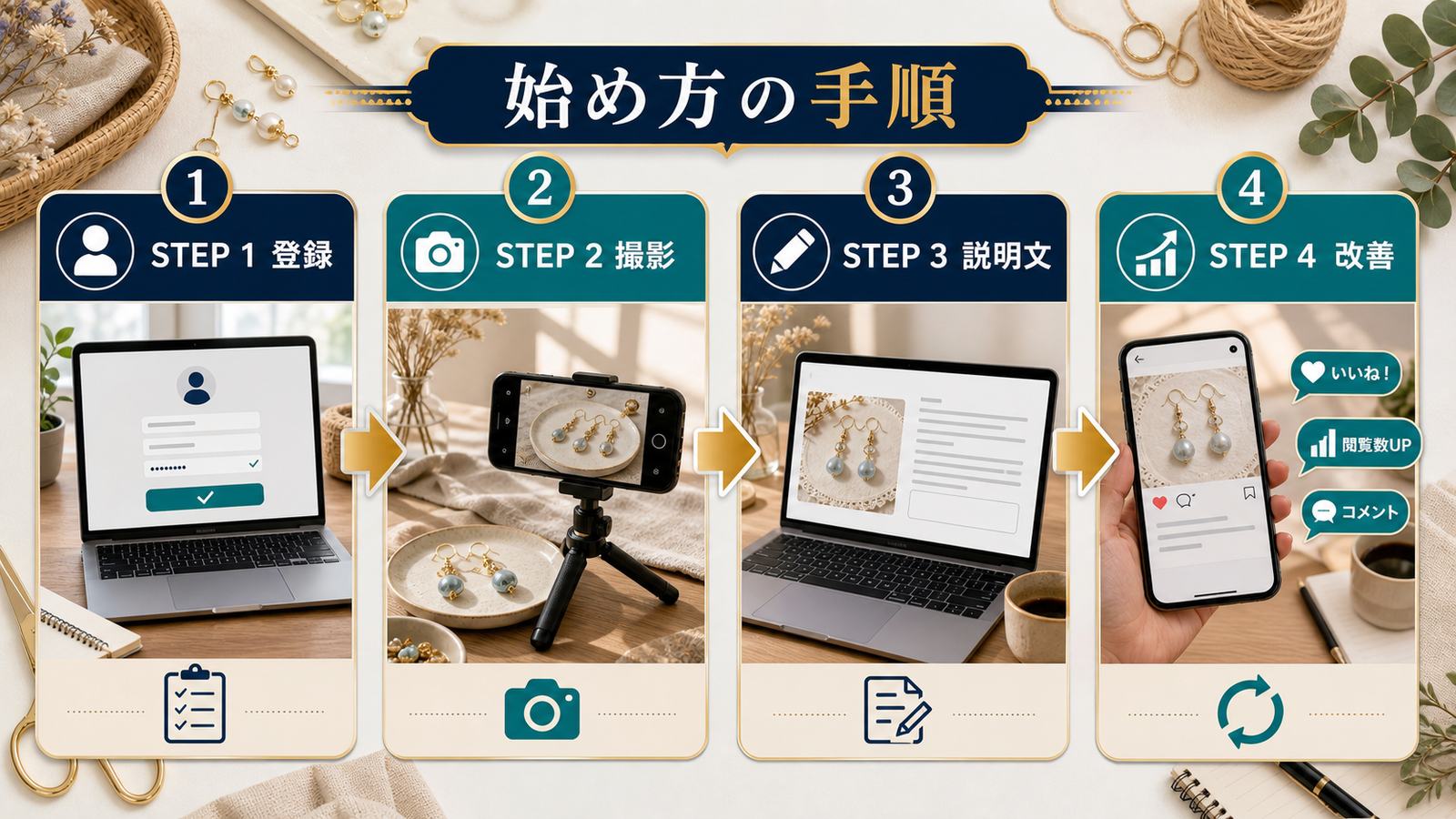 販売サイト登録作品撮影商品説明文改善のハンドメイド販売開始手順図