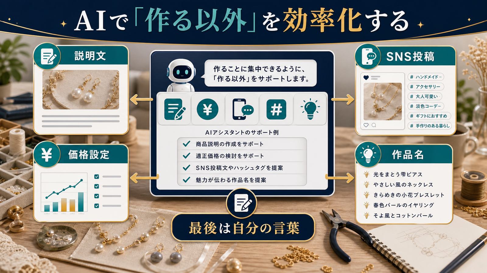 AIで商品説明文価格設定SNS投稿作品名を補助し最後は自分の言葉で整える図