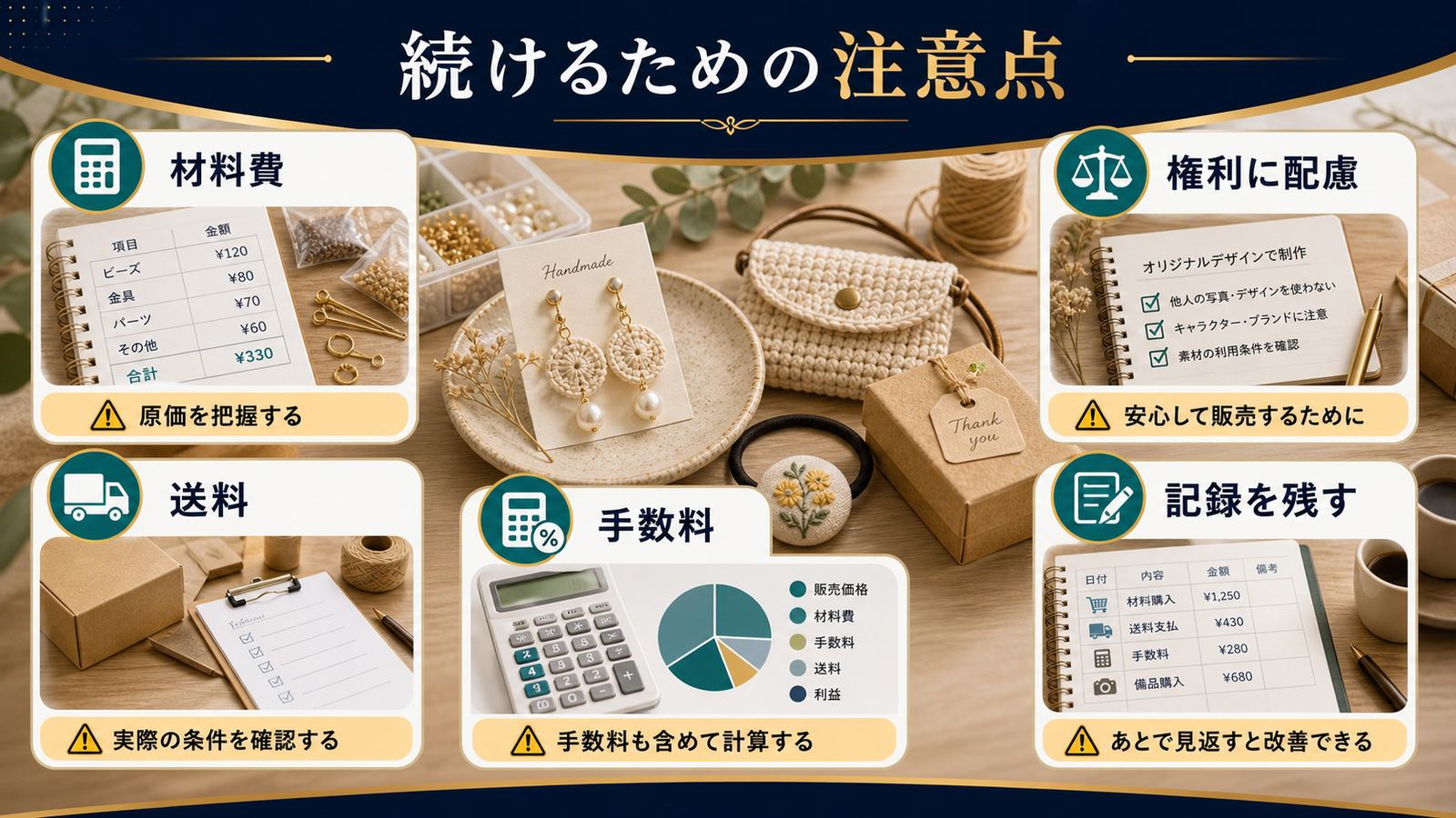 材料費手数料送料権利配慮記録を残すハンドメイド販売の注意点図