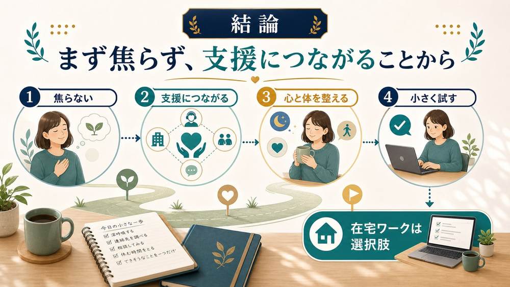 引きこもりや不登校から焦らず支援につながり心と体を整えて小さく在宅ワークを試す流れの図解