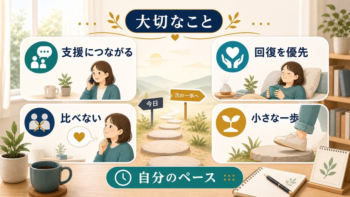 支援につながる、回復を優先、比べない、小さな一歩、自分のペースを大切にする図解
