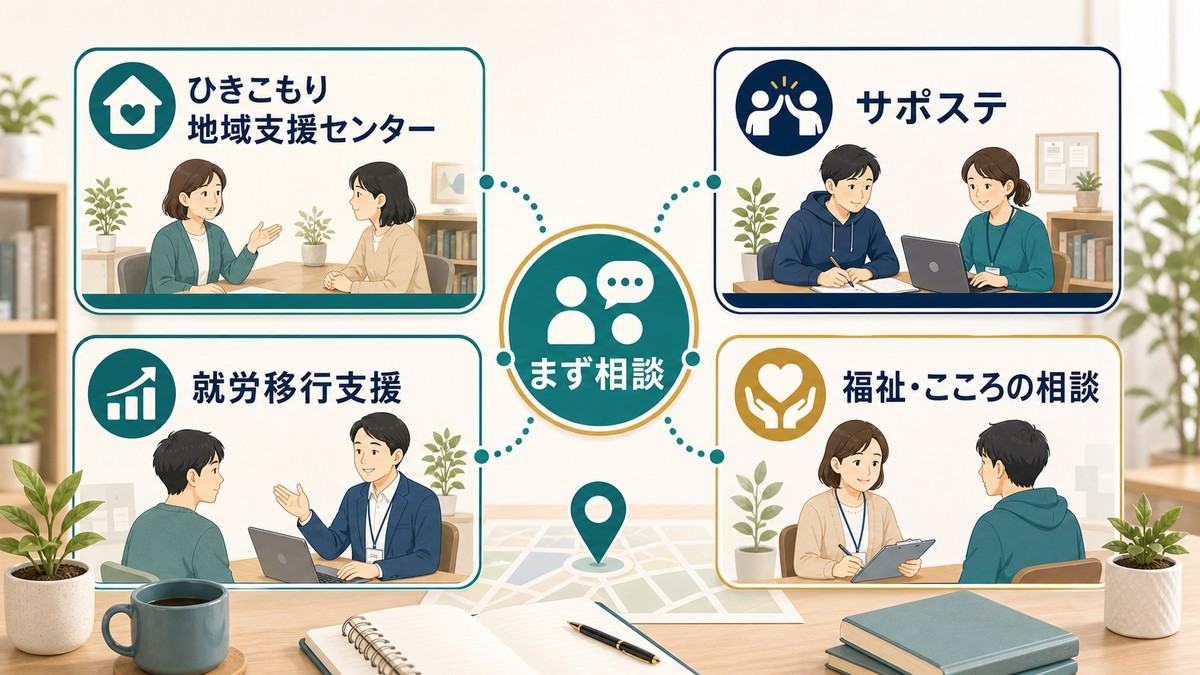 ひきこもり地域支援センター、サポステ、就労移行支援、福祉やこころの相談へまず相談する図解