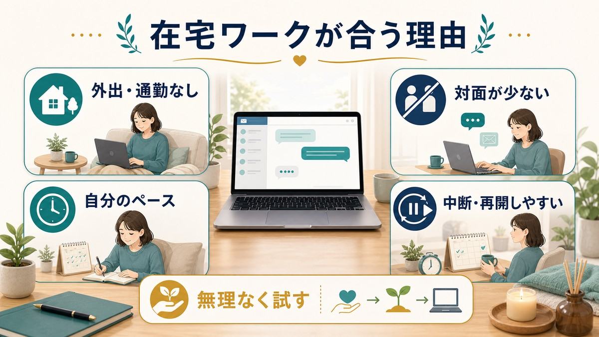 在宅ワークが外出通勤なし、対面が少ない、自分のペース、中断再開しやすい理由で合いやすいことの図解