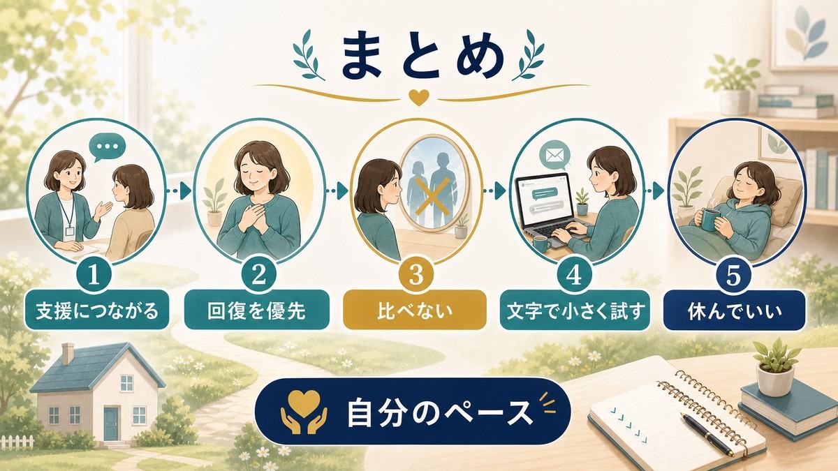 支援につながり回復を優先し比べず文字で小さく試し休んでいい自分のペースのまとめ図解