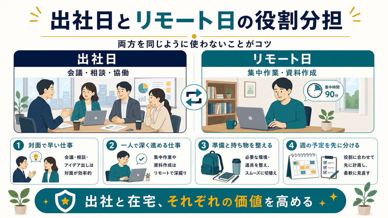 ハイブリッドワークで出社日は会議や相談や協働、リモート日は集中作業や資料作成に役割分担する図解