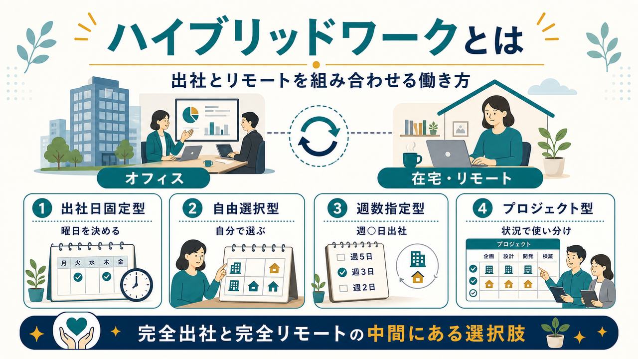 ハイブリッドワークをオフィスと在宅リモートの組み合わせとして出社日固定型、自由選択型、週数指定型、プロジェクト型で整理した図解